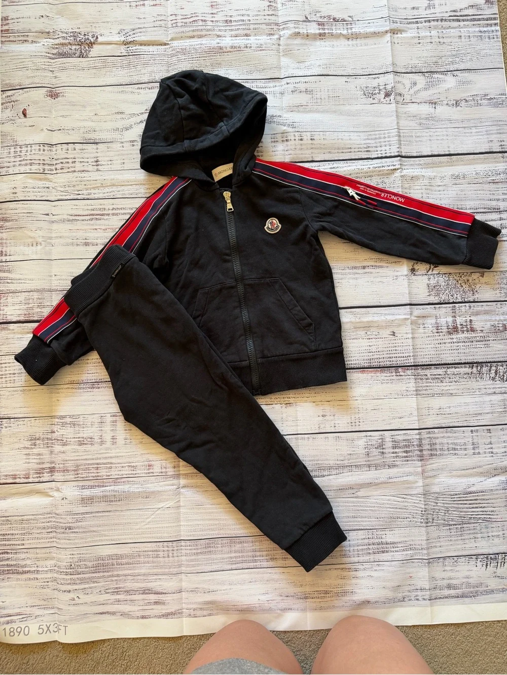 Moncler Kids Black Hoodie Tracksuit with Red Stripe - Picture 1 of 6